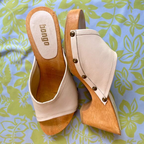 Vtg Y2K 90s Bongo White Leather Platform Slip-On Sandals Mules - Size 9 US - Picture 1 of 8